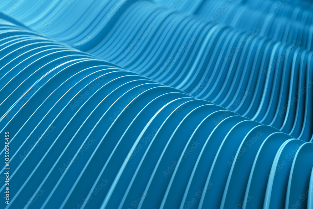 Poster Abstract blue wave pattern with curved lines on a smooth surface. 3D Rendering