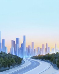 Dynamic route visualization, animated paths and landmarks, lively urban panorama, 3D rendering.