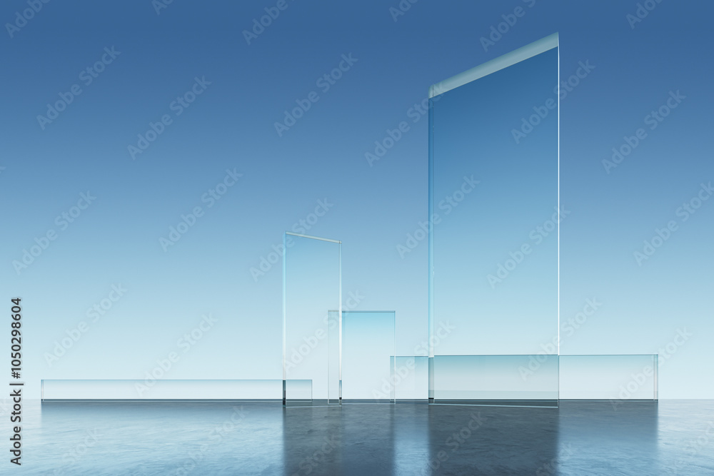 Poster Modern glass structures on a clean backdrop. 3D Rendering