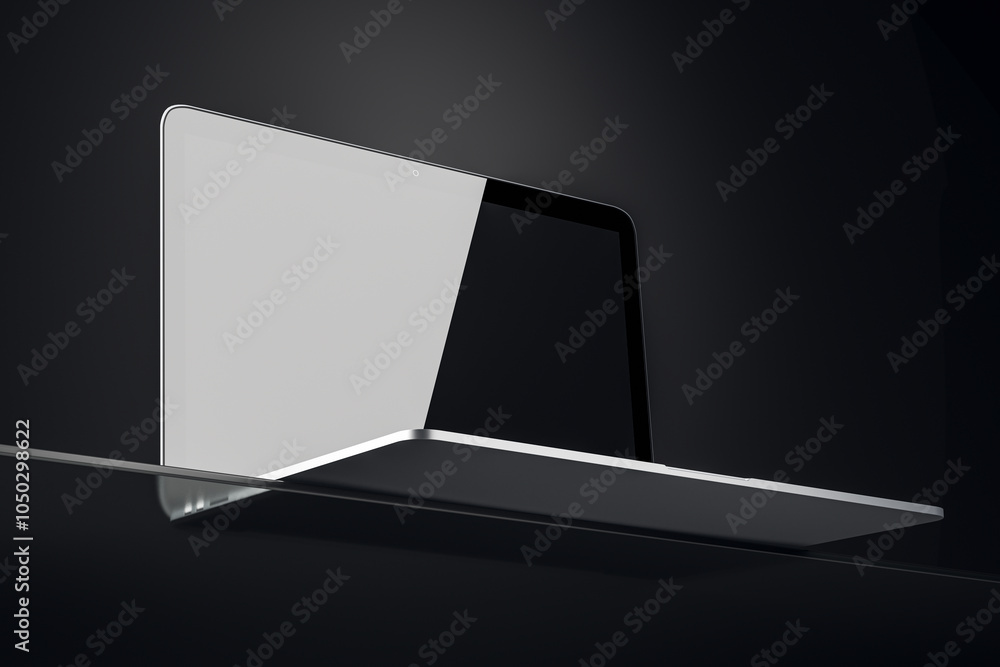 Poster laptop on glass stand with blank screen, side view in dark room. 3d rendering