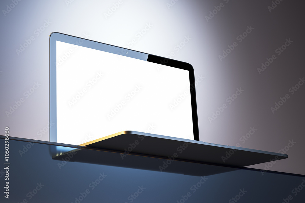 Poster laptop with blank screen mockup on a glass surface, low angle view. 3d rendering