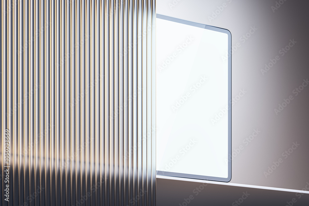 Poster Blank tablet screen partially hidden behind metallic vertical stripes. 3D Rendering