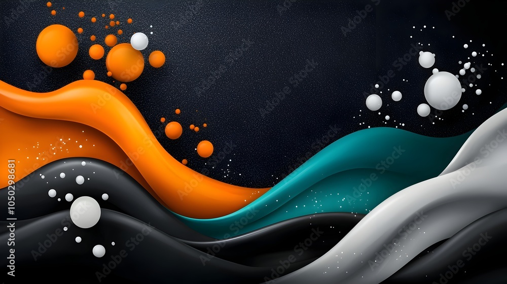 Poster striking contemporary abstract banner design with textured waves and splashes of black gray and oran