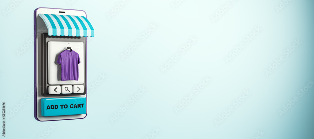 Poster Mobile shopping interface with add-to-cart button and purple shirt on display. 3D Rendering