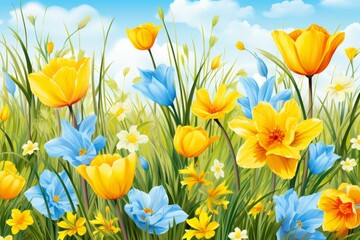 Obraz premium Seamless 3d vector pattern featuring vibrant wildflowers and lush spring grass for design use