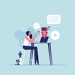 Assistance or partnership concept, working together with AI Artificial Intelligence, human cooperate with machine or robot, AI help or support coworker, businesswoman with laptop working with chat bot