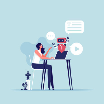 Assistance or partnership concept, working together with AI Artificial Intelligence, human cooperate with machine or robot, AI help or support coworker, businesswoman with laptop working with chat bot