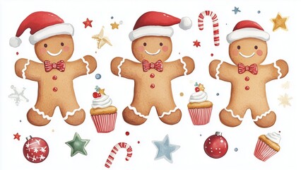 Fototapeta premium watercolors painting a set of four cheerful gingerbread cookies, cute character with a Santa hat, other Christmas-theme decorations. surrounded by Christmas ornaments with cupcakes, stars, candy cane