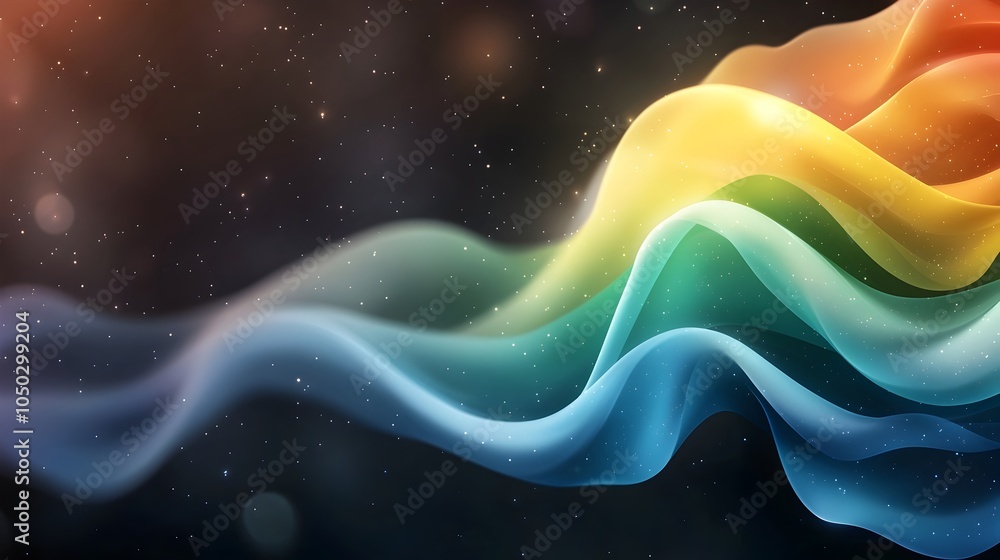 Fototapete Glowing geometric shapes and vibrant rainbow gradient colors blending together against a dark noisy textured background creating an abstract futuristic