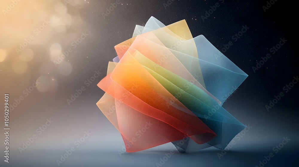 Poster Radiant Abstract Geometric Composition on Grainy Gradient Background for Dynamic Cover Design  Vibrant rainbow colored shapes and patterns with dark noise textures create a captivating