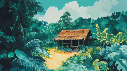 Obraz premium Beautiful Jungle Hut in a Vibrant Forest: Manga Style Illustration