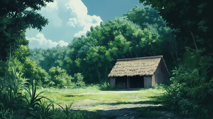 Obraz premium Beautiful Jungle Hut in a Vibrant Forest: Manga Style Illustration