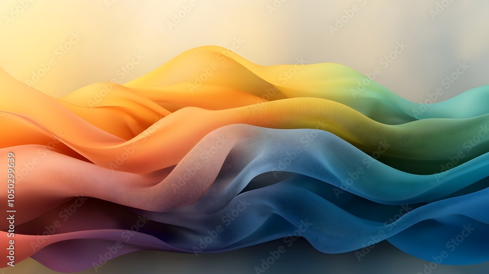 Poster Mesmerizing abstract composition featuring a dynamic arrangement of glowing geometric shapes in a vibrant rainbow gradient backdrop