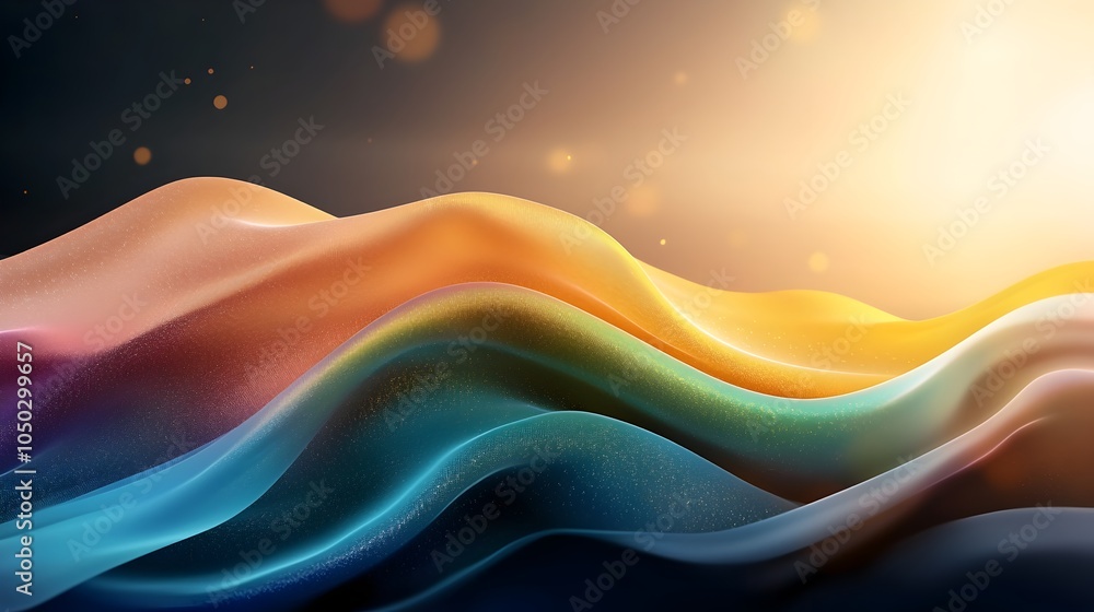 Poster vibrant abstract composition featuring glowing neon like rainbow shapes set against a grainy noisy g