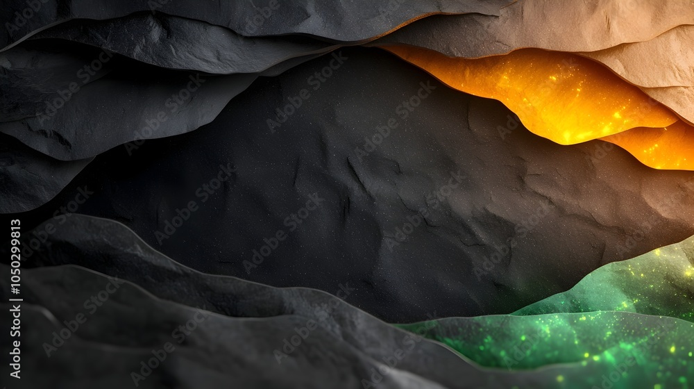 Poster Visually striking abstract background with interwoven black textures vibrant yellow and green glowing shapes and a grainy gradient effect   perfect for creating eye catching