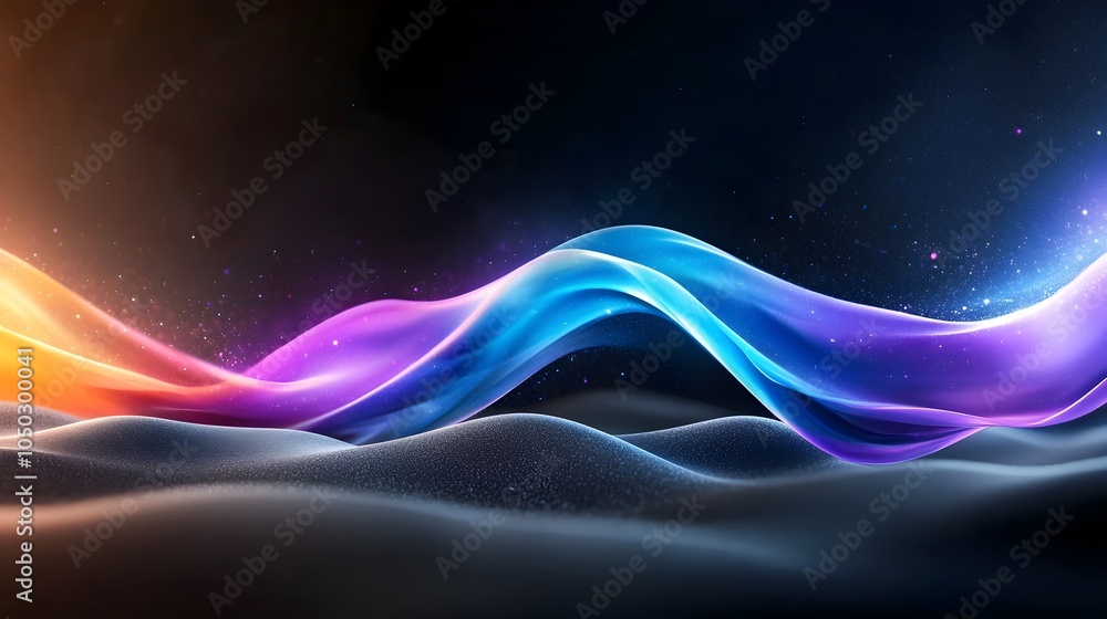 Poster captivating abstract gradient waves with vibrant color layered over a grainy noisy black background