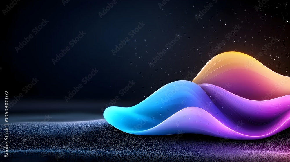 Poster futuristic abstract design with glowing gradient shapes in vibrant purple and blue set against a dar