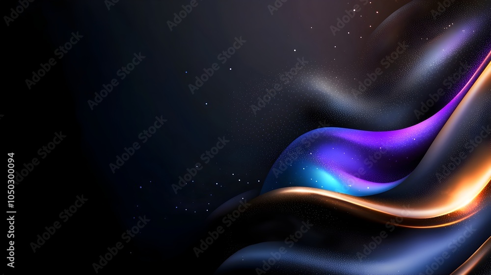 Poster Vibrant glowing geometric shapes and forms set against a dark textured abstract background with a subtle noise effect
