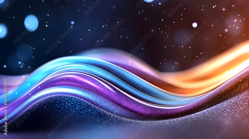 Poster vibrant and glowing color gradients flowing dynamically across a dark purple and blue grainy texture