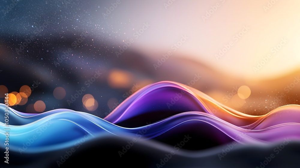 Poster abstract glowing gradient shapes in vibrant purple blue and black set against a grainy noise texture