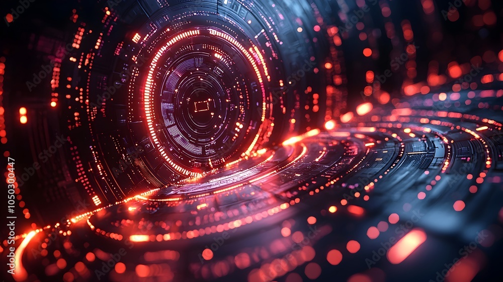 Poster Futuristic digital technology circle with glowing lines and data points set against a dark backdrop representing big data and advanced technology in a 3D rendering
