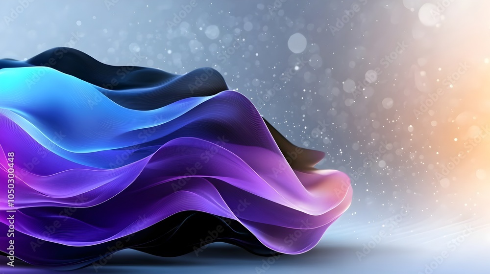 Aufkleber glowing abstract gradient shapes in vivid purple blue and black hues set against a grainy noise text