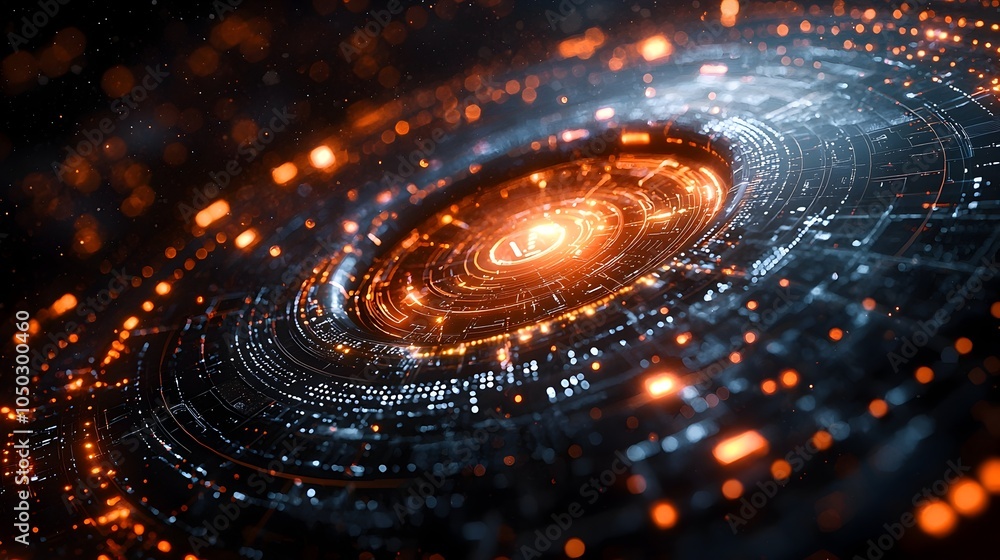 Poster Cutting Edge Digital Tech Circle with Glowing Data Points in Futuristic 3D Rendering  Represents the dynamic and advanced world of big data AI and innovative digital technology