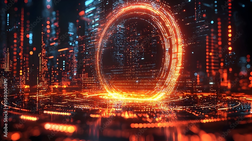 Fototapete Creative digital tech circle with glowing lines and data points set against a dark backdrop representing big data and futuristic technology in 3D rendering