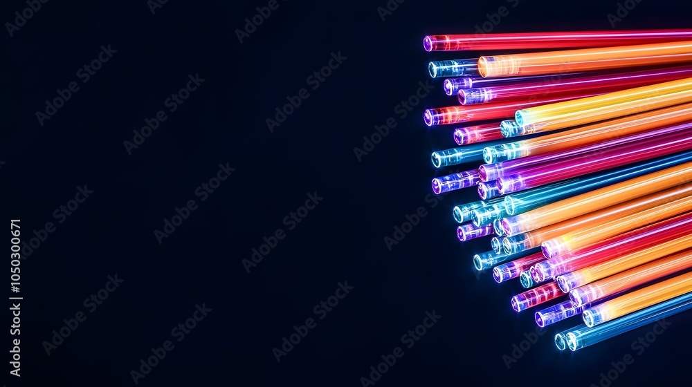 Poster A detailed and mesmerizing view of multicolored fiber optic cables sharply glowing in a vibrant array of luminous light set against a deep black background for maximum contrast and visual impact