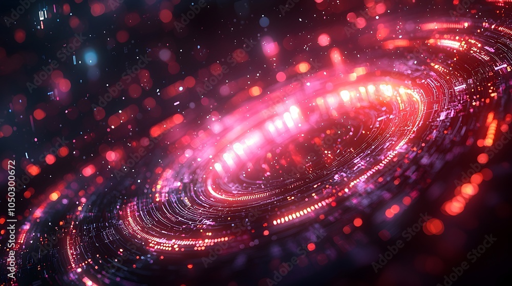 Poster Abstract glowing tech circle with dynamic data streams and circuits floating on a dark backdrop representing the advanced technology and big data of the digital era  This futuristic sleek