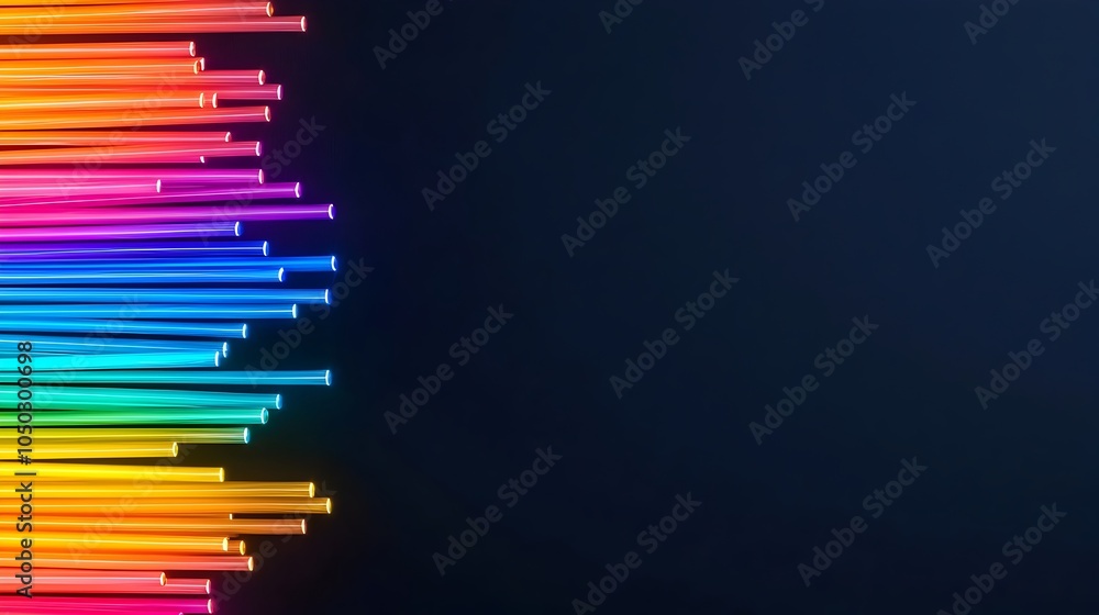 Poster Detailed view of multicolored fiber optic cables sharply glowing in a vibrant array of light set against a deep black background for maximum contrast and visual impact