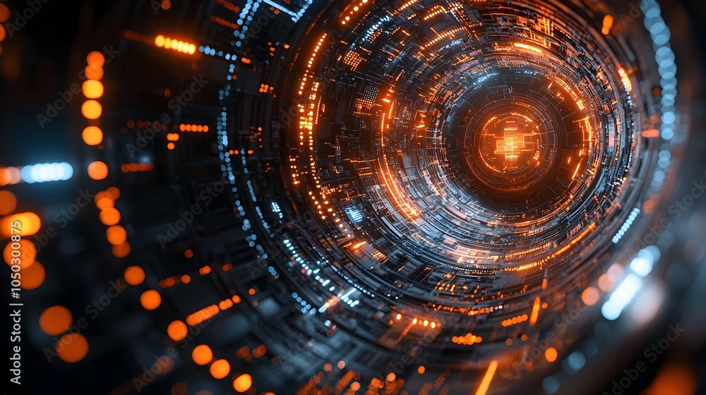 Aufkleber Futuristic abstract design featuring a digital tech circle with streaming data and glowing circuits floating on a dark backdrop representing advanced technology and big data in a 3D rendering
