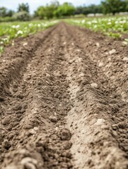 Plowed Field Rows: A Close-Up View of Farm Soil