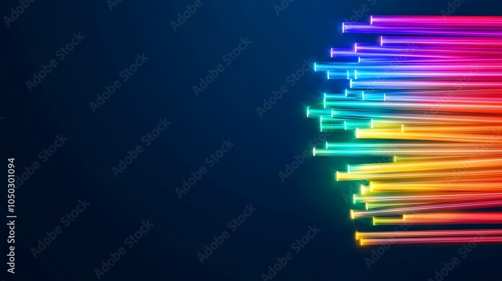 Poster Captivating close up macro shot of fiber optic cables emitting a mesmerizing array of glowing rainbow colored light against a deep dark background creating a radiant futuristic