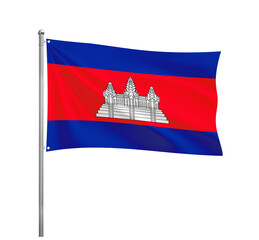 Cambodia National flag waving in the wind on a silver pole, isolated on transparent