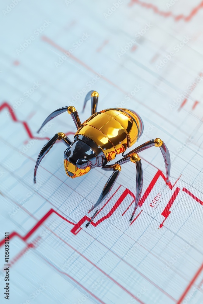 Poster golden insect robot hovering above a graph, isolated for a tech-inspired management theme