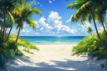 Obraz premium Palm Trees Frame Sandy Path to Tranquil Beach