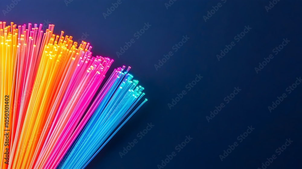 Poster high definition close up of fiber optic strands glowing in multiple dazzling colors gently curving a