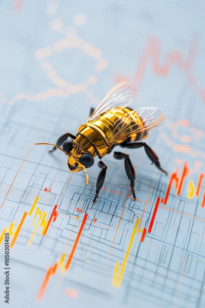 Poster golden insect robot hovering above a graph, isolated for a tech-inspired management theme