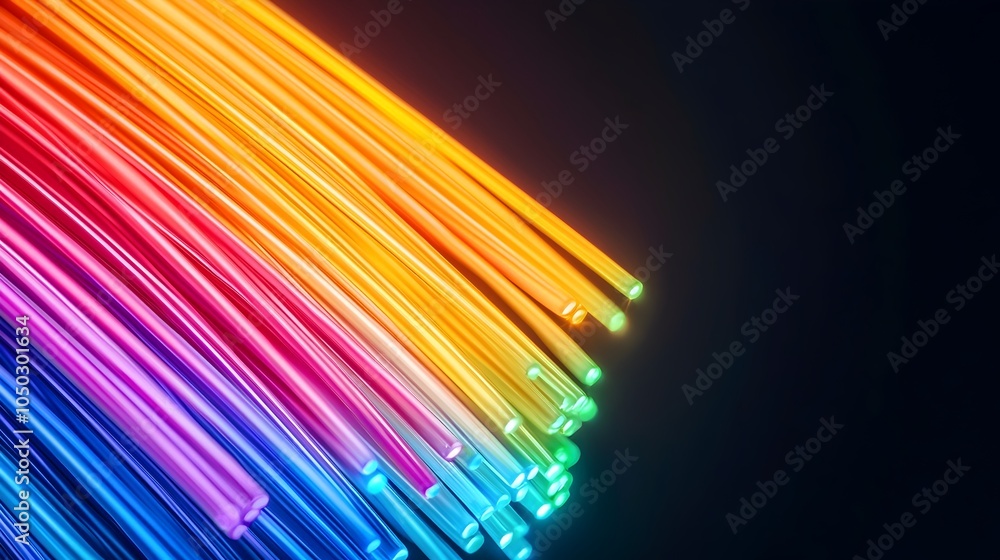 Poster close up of vibrant colorful fiber optic threads emitting bright glowing light against a deep dark b