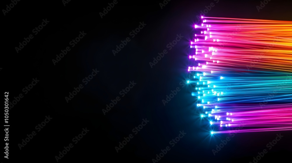 Poster closeup shot of bright colorful fiber optic threads emitting luminous light set against a contrastin