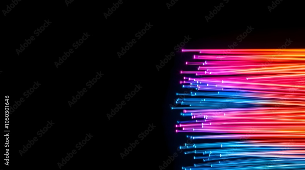 Poster Close up shot of bright colorful fiber optic threads emitting vibrant light set against a high contrast black background creating a visually striking and dynamic abstract scene