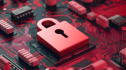 Glowing high tech lock icon at the center of a complex network security system surrounded by encrypted data communication protocols and other futuristic digital elements