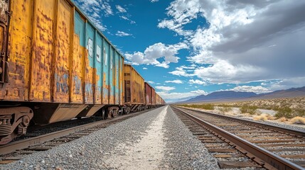 Obraz premium side of train, looking forward, train tracks to the horizon, desert