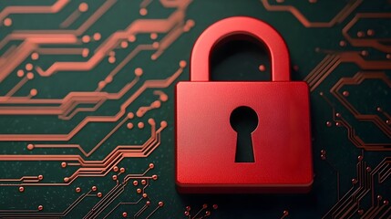 Futuristic glowing lock icon surrounded by complex network security data and encrypted communication protocols in a high tech digital interface