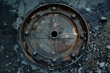 Rusty metal industrial hatch is embedded in a broken asphalt road, surrounded by scattered gravel