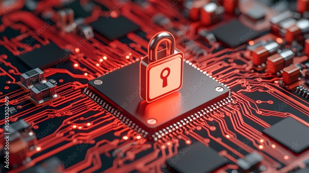 Poster Futuristic digital interface featuring a prominent glowing lock icon symbolizing advanced encryption protocols and network security for secure digital communication and data protection