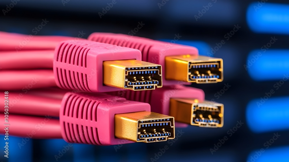 Poster Close up view of RJ45 Ethernet cables with glowing LED lights illuminating a tech environment and emphasizing the dynamic nature of modern networking technology