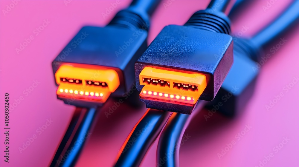 Aufkleber Close up view of glowing RJ45 Ethernet cables showcasing the vibrant and dynamic nature of modern networking and data communication infrastructure