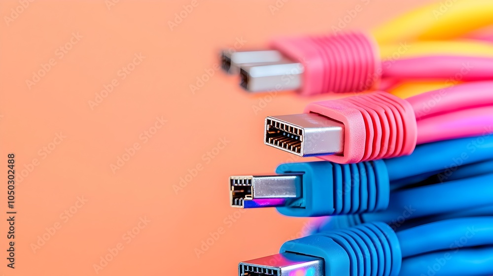 Poster Detailed close up of colorful and glowing RJ45 Ethernet cables showcasing intricate network connections and digital technology in a professional tech inspired studio setup